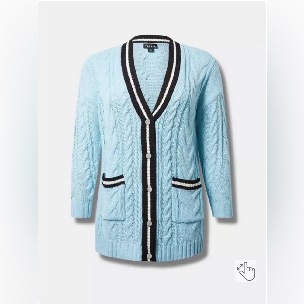 Women's Light Blue Cable Knit Cardigan with Black Trim